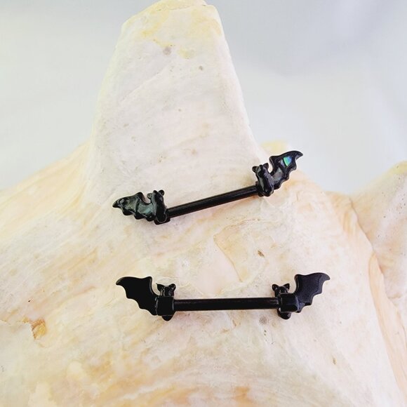 NWT 14G Black Bat PVD coated Surgical Steel abalone insert nipple bar piercing - Picture 4 of 6
